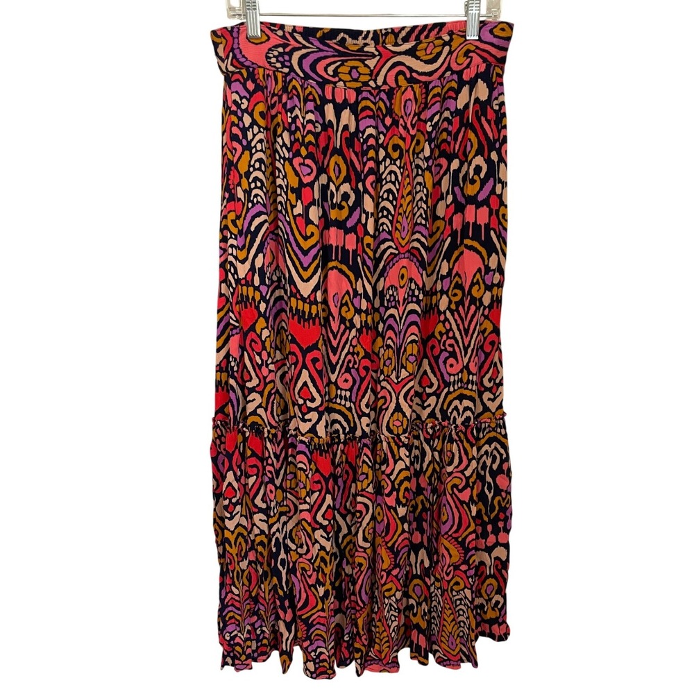 Boden Grace Crinkle TIered Maxi Skirt Geo Ikat Multicolor Print Size 10P